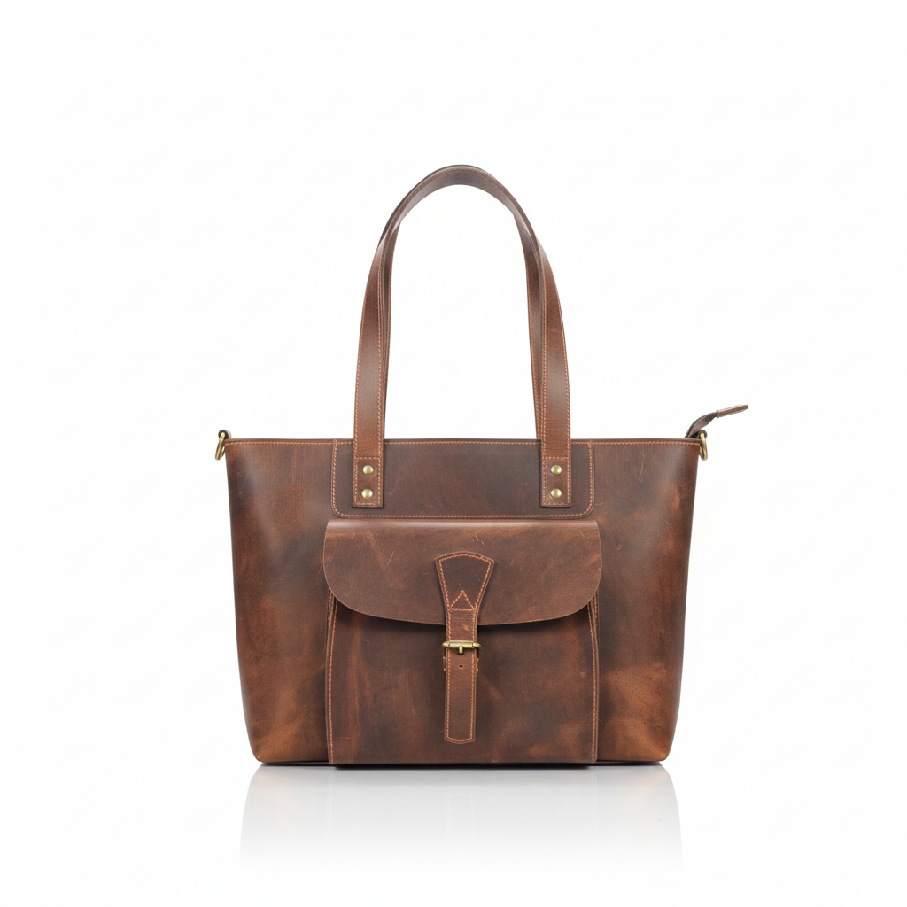 Classic Leather Tote Bag with Front Buckle Pocket – Handcrafted Work Carry