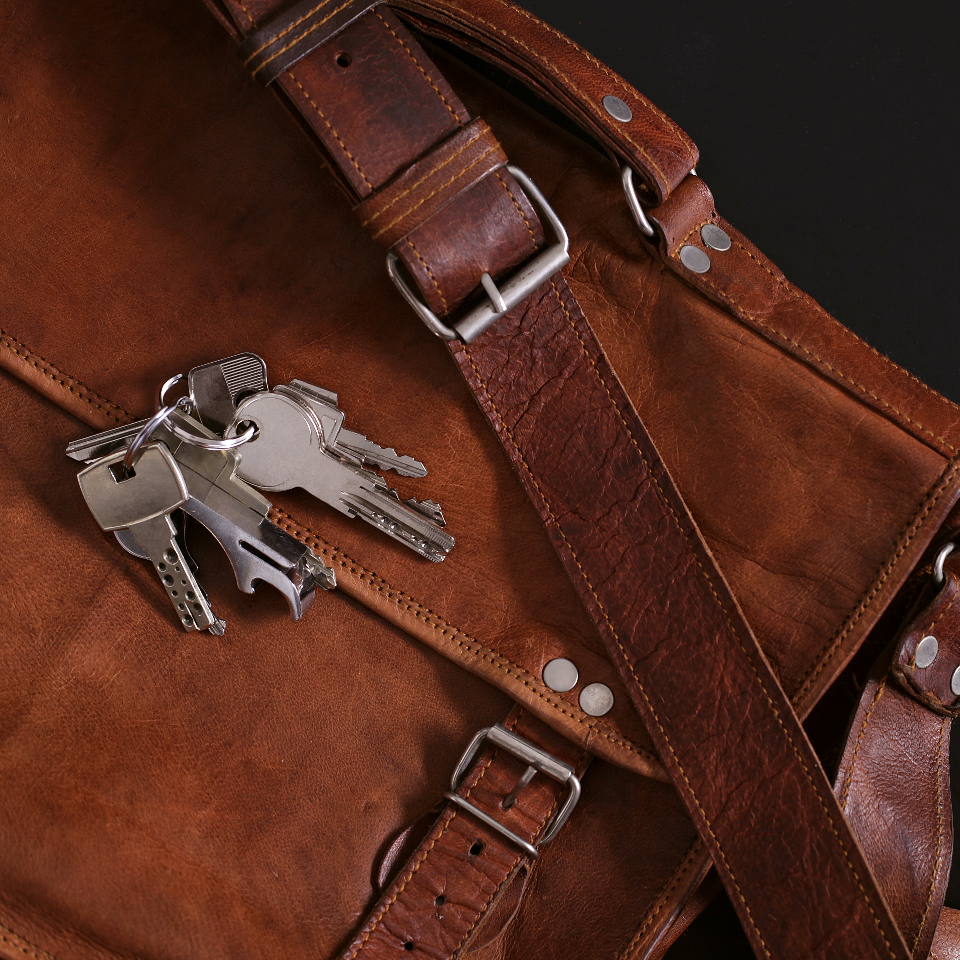 Close-up of genuine leather grain showing natural texture and patina