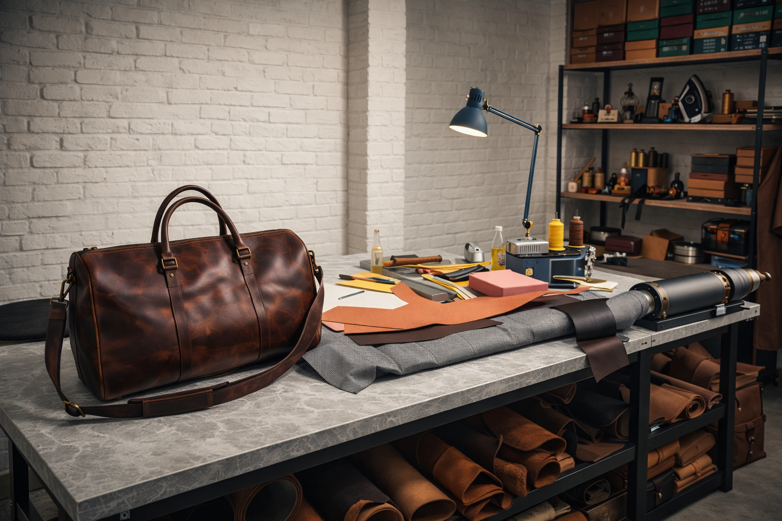 Leather design studio workspace with handcrafted bag and tools