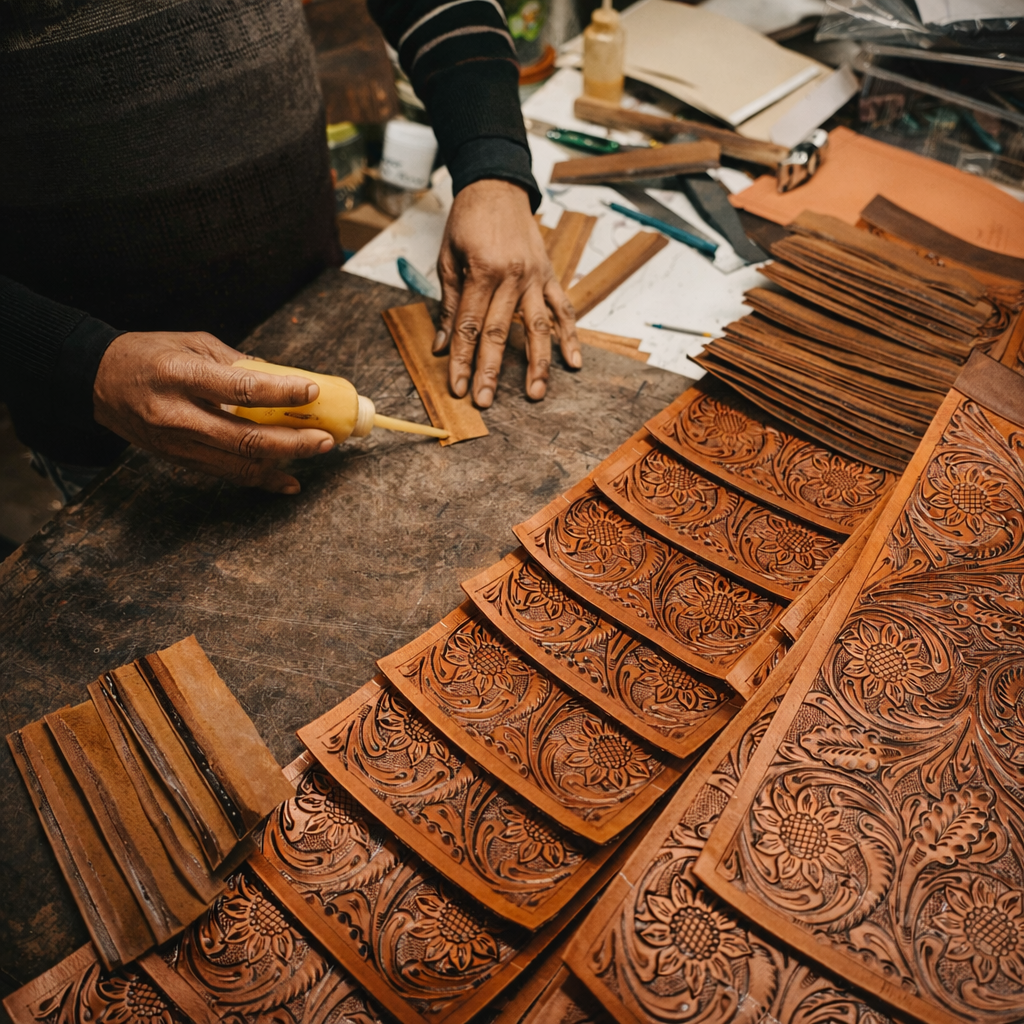 Skilled artisan crafting leather goods by hand in India